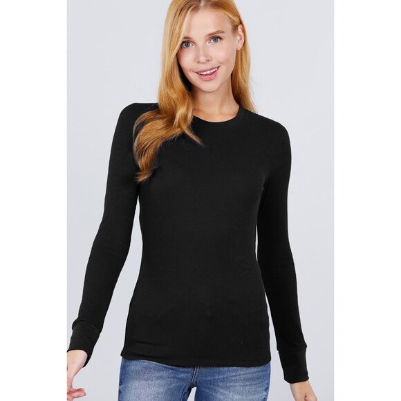Active Basic Women's Waffle Knit Long Sleeve Crew Neck Thermal Tops - Picture 4 of 4